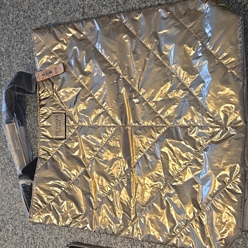 Victoria's Secret Metallic Rose Gold Tote Bag with Matching Wristlet/Pouch